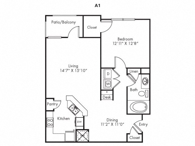 Floor plan for 1 bed, 1 bath, 890 sqft